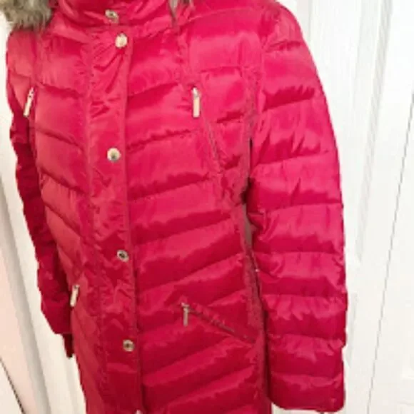 Michael Kors Down Water Fowl Feathers Chevron Quilted Puffer Hooded Parka Coat